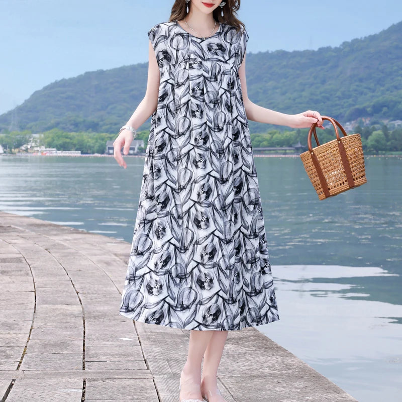 Casual Female Elegant  Print Knee-length 0-neck Floral Dress LADYLYS