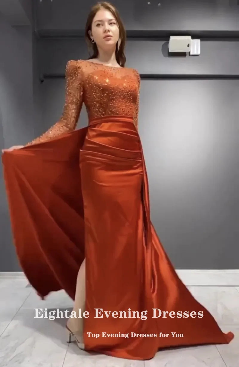 Robe de soirée scintillante Eightale Orange Rouge Brillant Luxe Manches Longues Satin Sirène