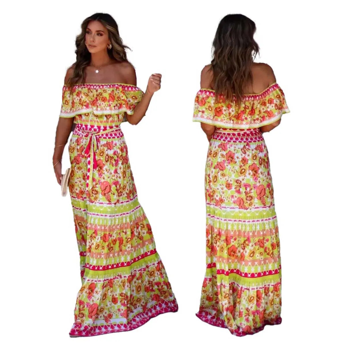 Ethnic Mexican Cinco De Mayo Summer Floral Print Off Shoulder Dress LADYLYS