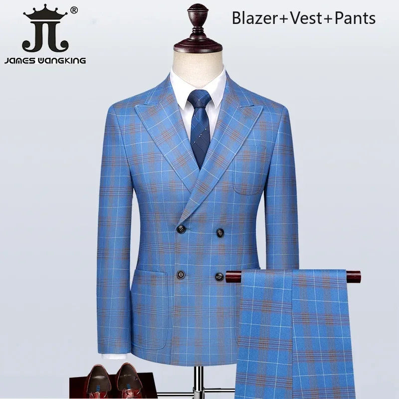 Men's Formal Suits 3 Piece Set British Plaid Style (Blazer + Vest + Trousers) LADYLYS