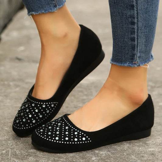 Brillant strass chaussures plates bout rond à enfiler pour femmes