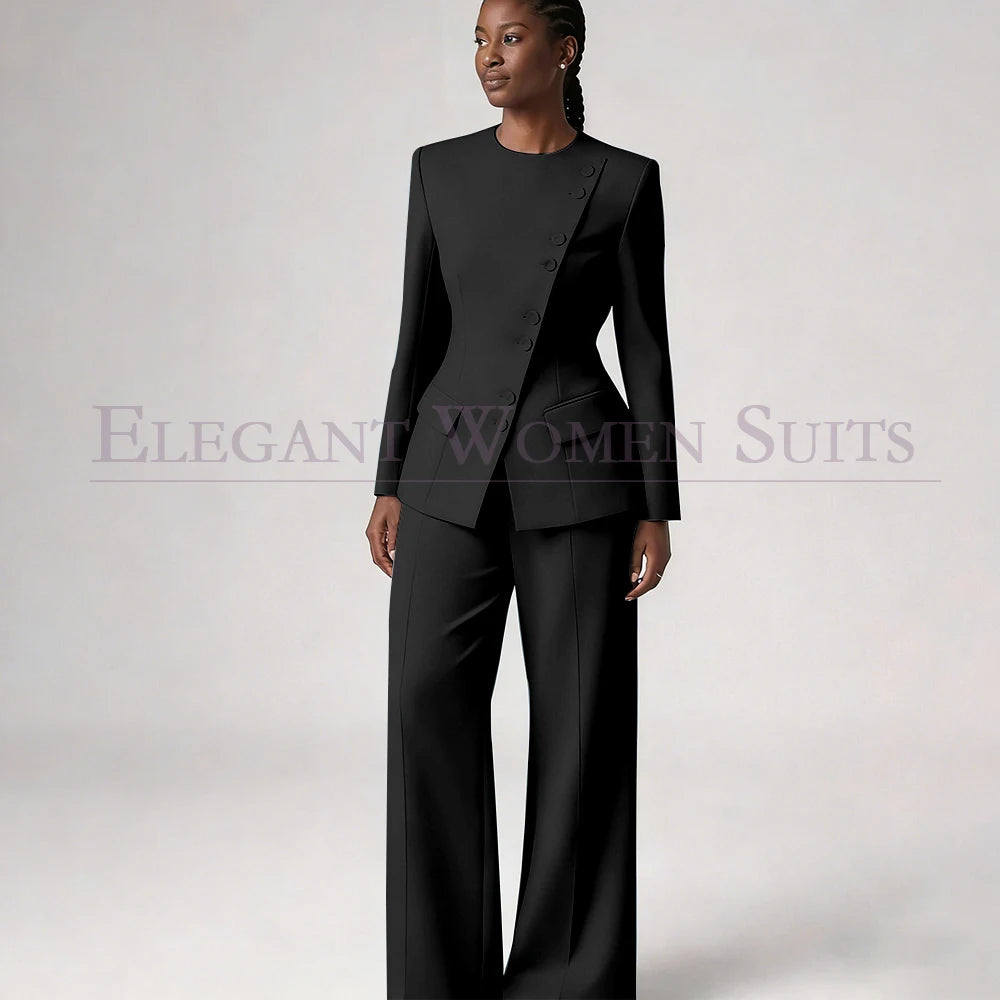 Single Breasted Women's Suits Blazer Luxury O-neck Regular Length 2 Piece LADYLYS