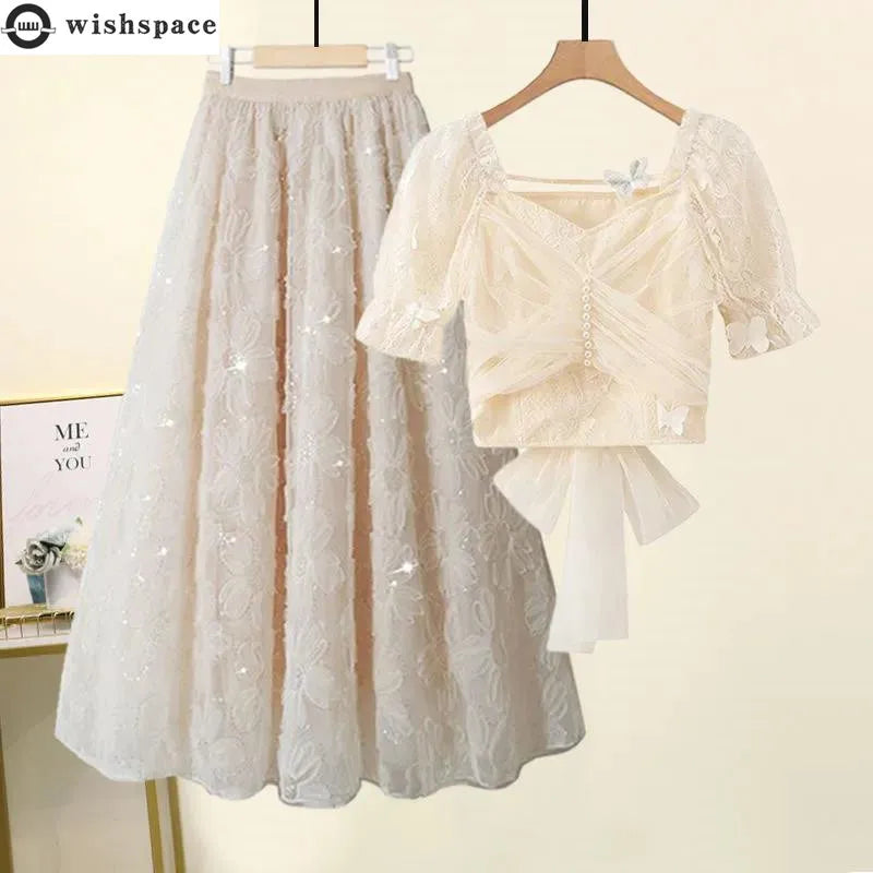 Ensemble jupe populaire coréenne douce et élégante pour femmes, chemise en mousseline de soie et dentelle, jupe à bulles en Tulle