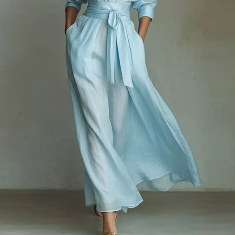 Bohemian Elegant Lace-up Turn-down Collar Hollow Spring 3/4 Sleeve Pocket Maxi Dress LADYLYS