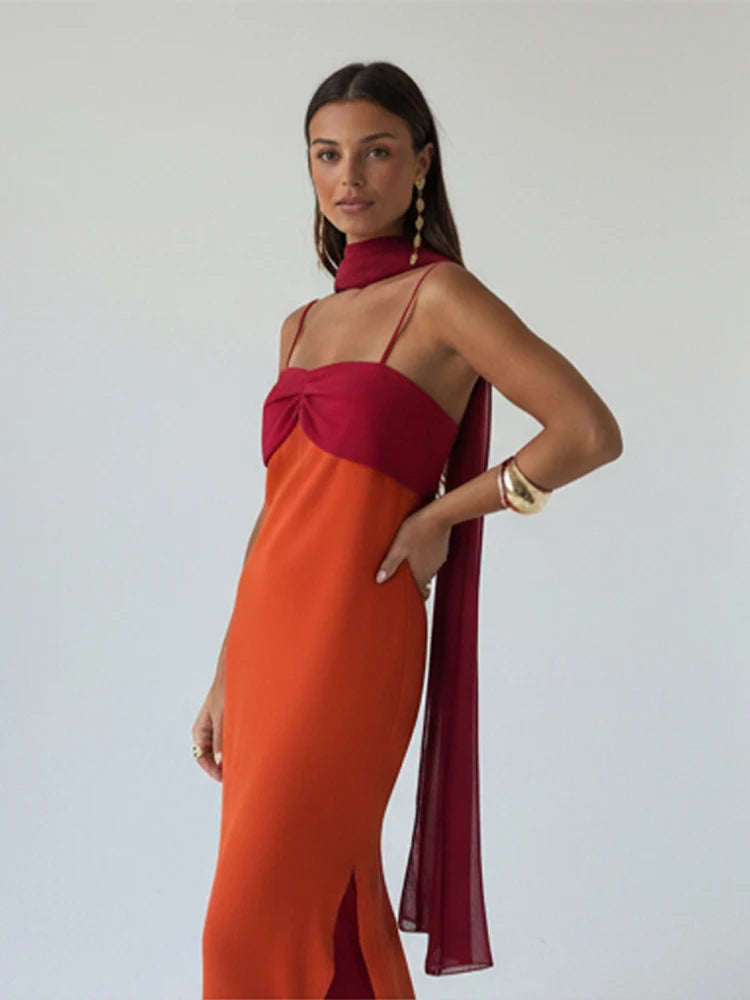 Blocking Scarf Collar Sling Dress Sexy Split Waist Cinching Bodycon Maxi Gowns LADYLYS