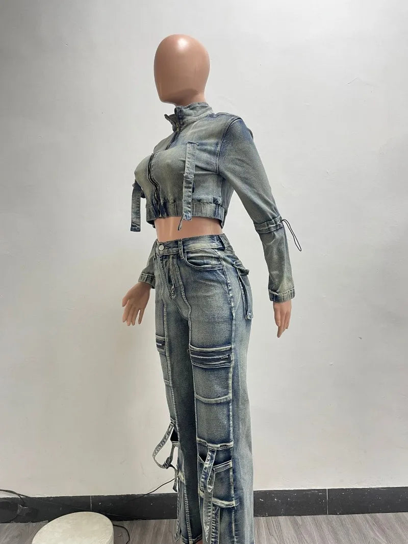 Ensemble 2 pièces en jean à poches multiples pour femmes, veste à manches longues avec fermeture éclair, haut court + pantalon cargo