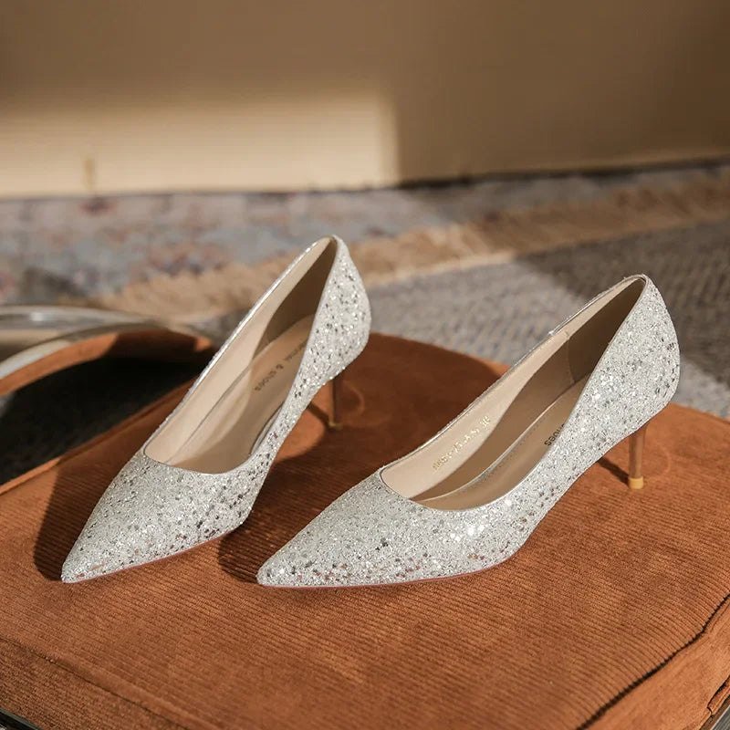 Chaussures de mariée de mariage, de demoiselle d'honneur à paillettes en cristal à talons aiguilles