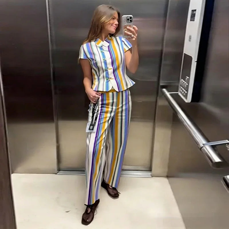Casual Striped Shirt Trouser Suits Women Short Sleeve V-Neck Button Top LADYLYS