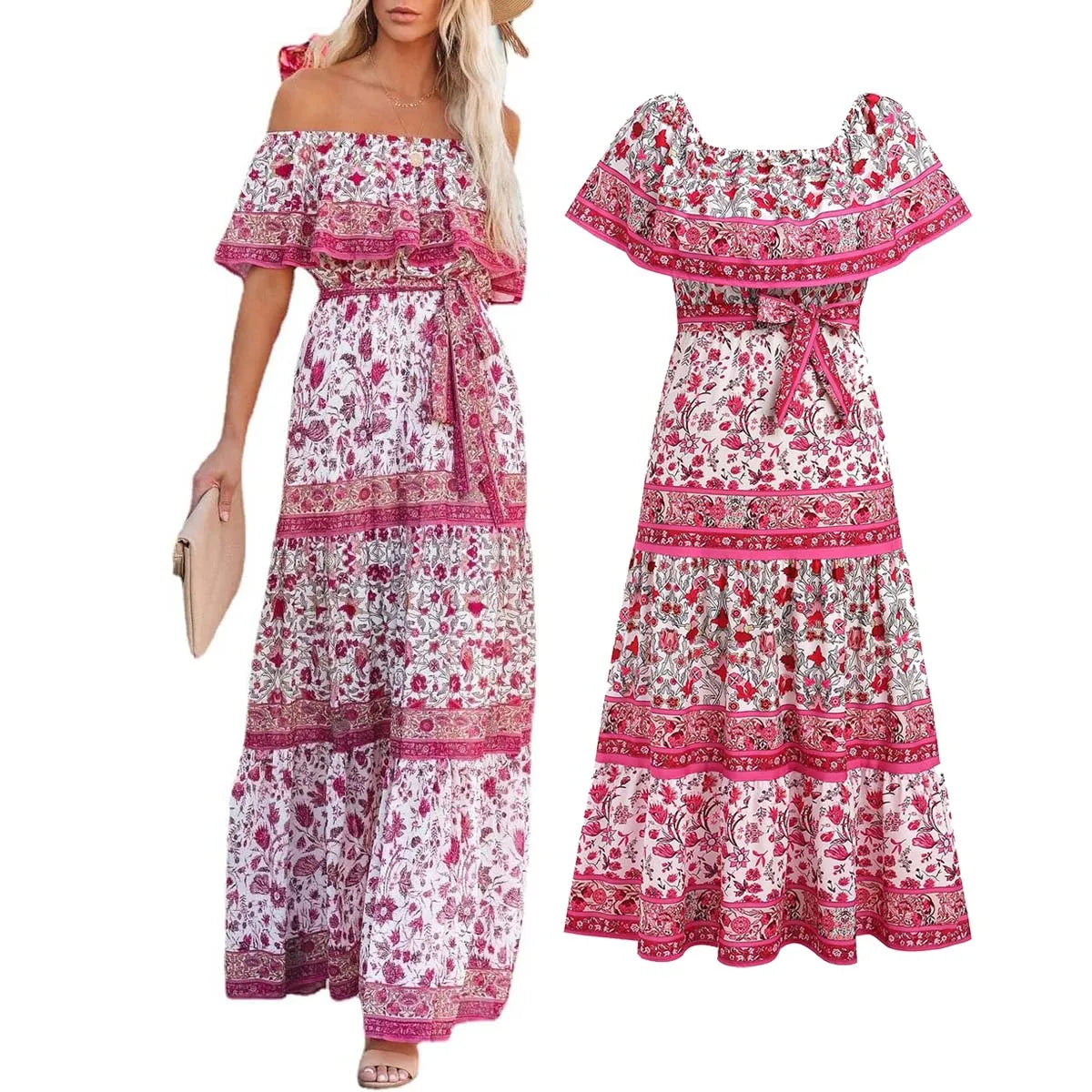 Ethnic Mexican Cinco De Mayo Summer Floral Print Off Shoulder Dress LADYLYS