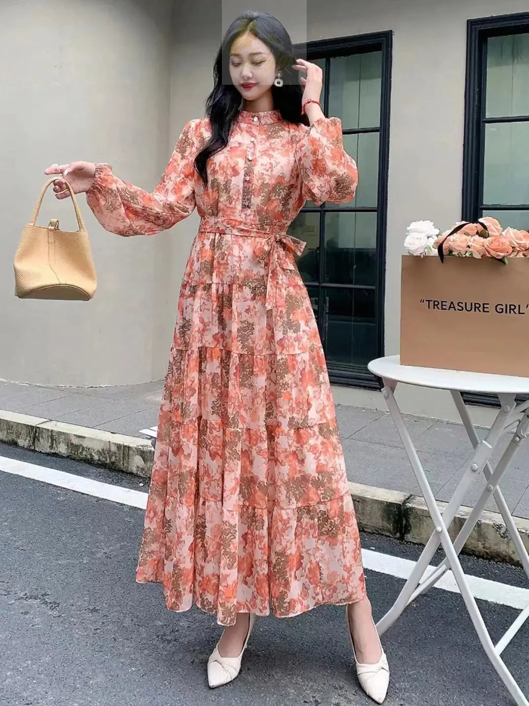 Long Sleeve Bandage Slim Long High Quality Fashion Floral Print Big Hem Chiffon Dress LADYLYS