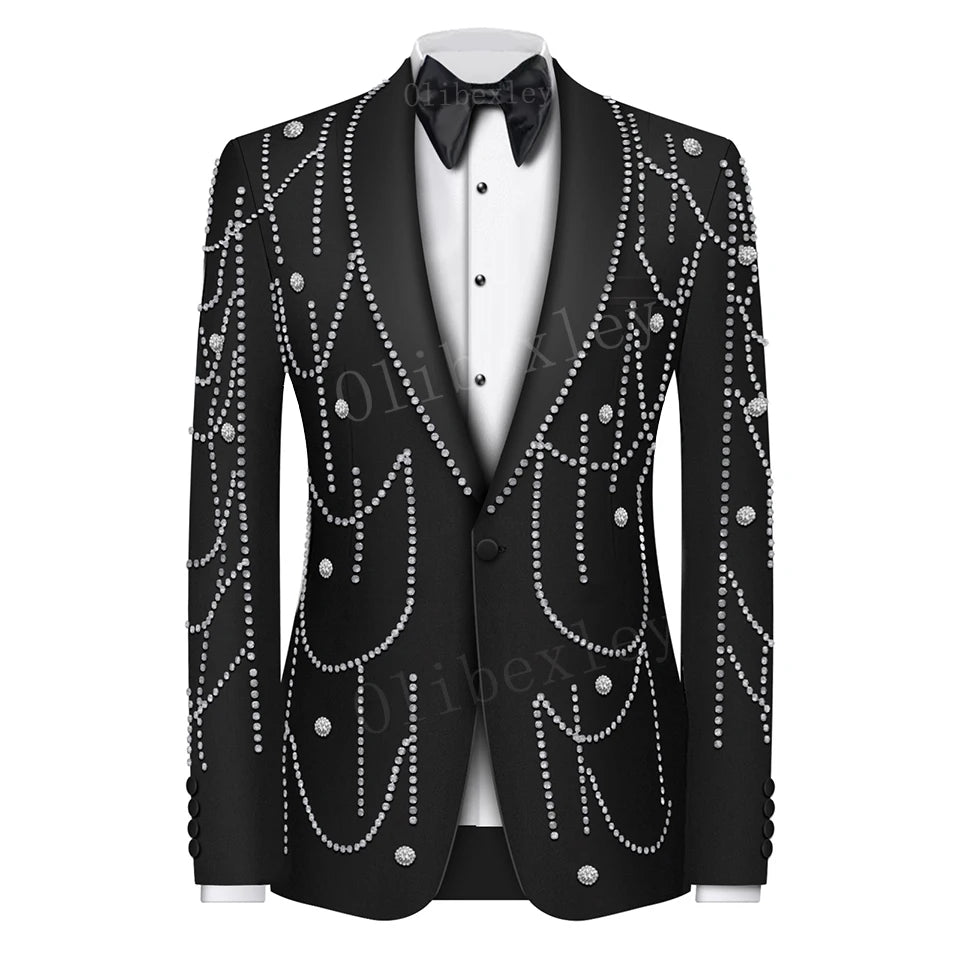 B08 Costumes de luxe noirs pour hommes, 2 pièces, Blazer, pantalon, revers cranté, ensembles Tuxedos pour bal de mariage