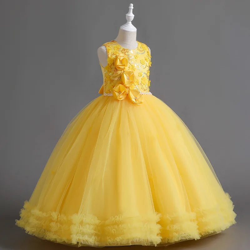 Robe de princesse à paillettes et perles pour filles de 5 à 14 ans, sans manches, avec décalcomanie de fleurs