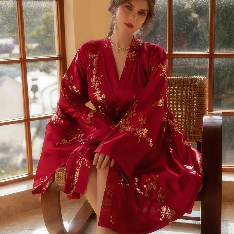 Robe Kimono de luxe bordeaux pour femmes, peignoir de mariée, Sexy, fleur bronzante