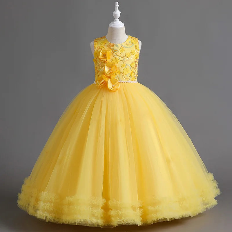 Robe de princesse à paillettes et perles pour filles de 5 à 14 ans, sans manches, avec décalcomanie de fleurs