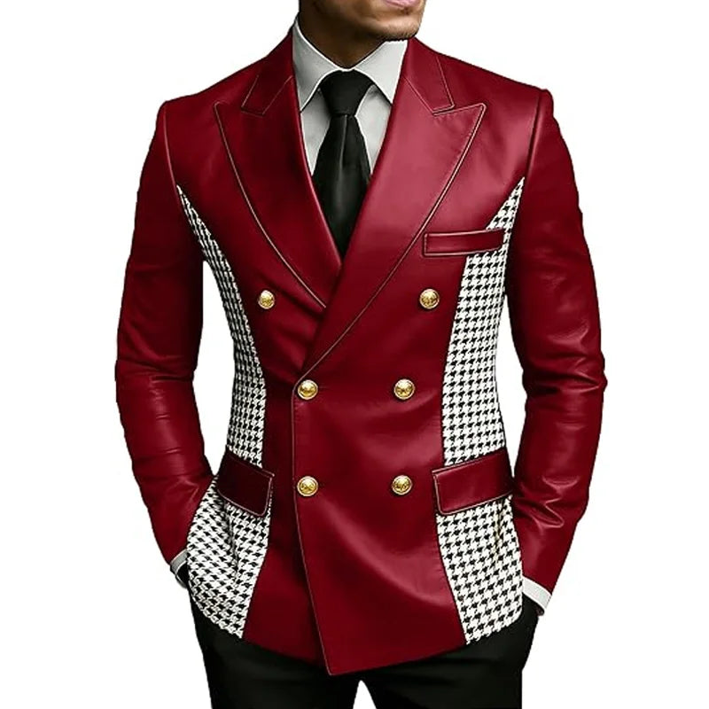 Leather Blazer With Houndstooth Sides Vintage Two-Tone Double Breasted LADYLYS