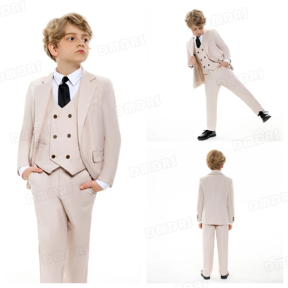 Ensemble de costume formel pour garçon solide, smoking chic pour enfants avec fermeture à un bouton, 4 pièces (veste + gilet + pantalon + cravate)