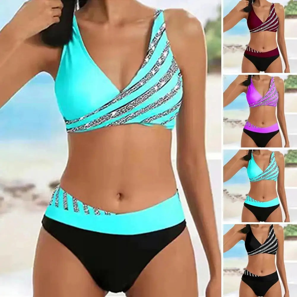 2 pièces/ensemble femmes Sexy ensemble de Bikini contraste couleur rayé imprimé