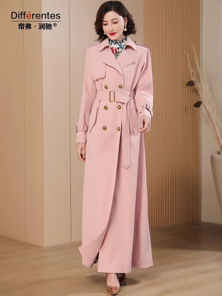 Trench Femmes Hiver Rose Manteau X-Long Veste Double Boutonnage Col Rabattu Ourlet avec Ceinture