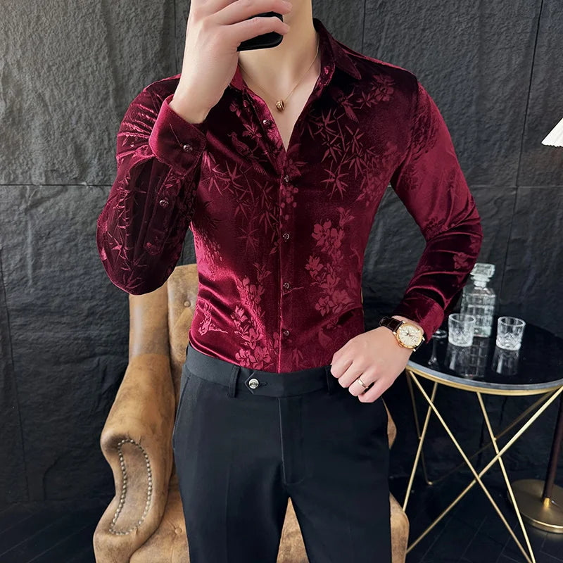 Chemise en velours de luxe pour hommes, Printemps Slim