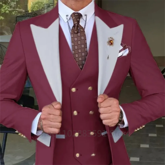 Costume bordeaux pour homme, 3 pièces, coupe slim, formel, pour mariage, décontracté, style classique