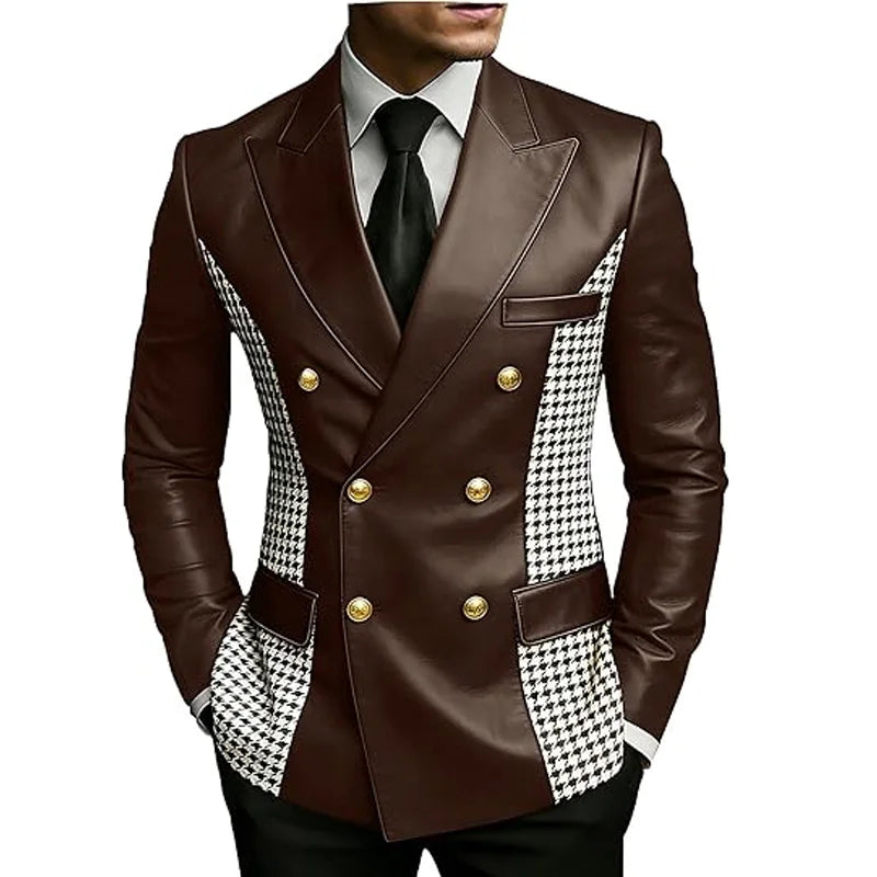 Leather Blazer With Houndstooth Sides Vintage Two-Tone Double Breasted LADYLYS