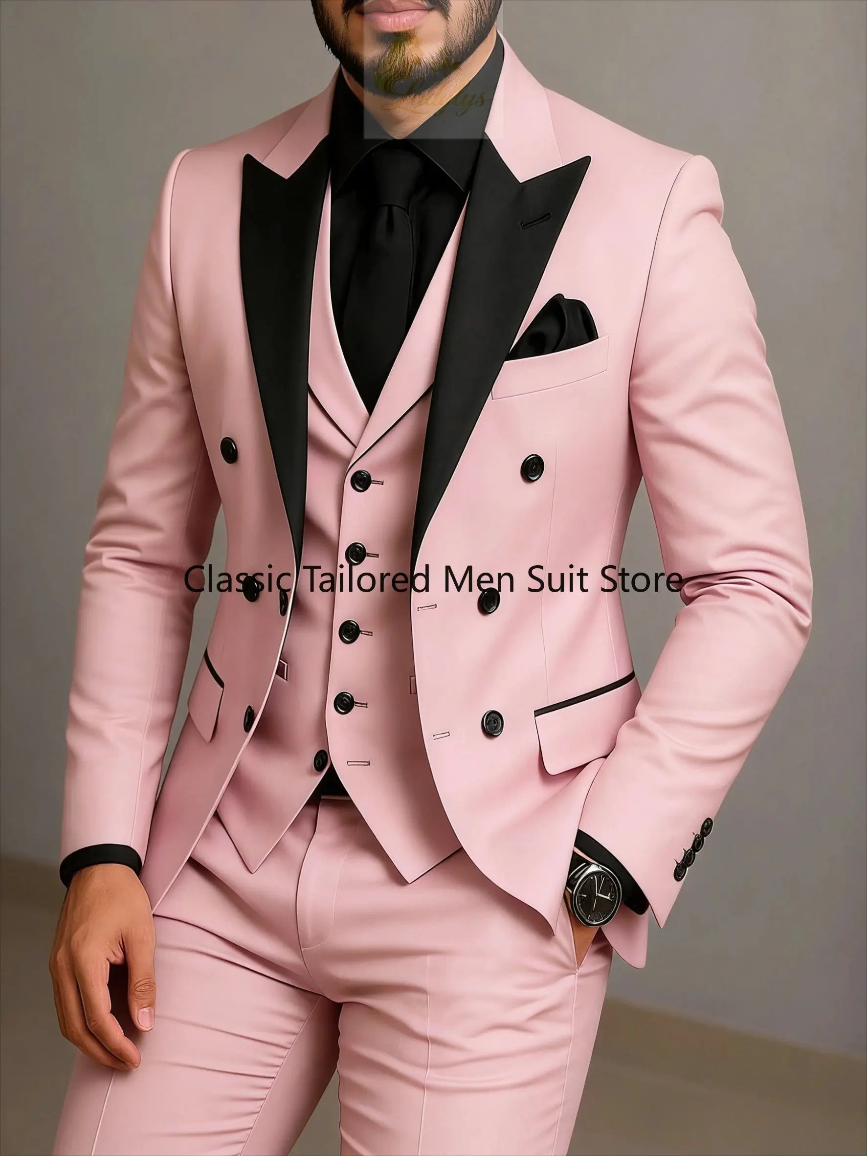 Beige Double Breasted Black Lapel  Slim Fit Wedding Suit LADYLYS