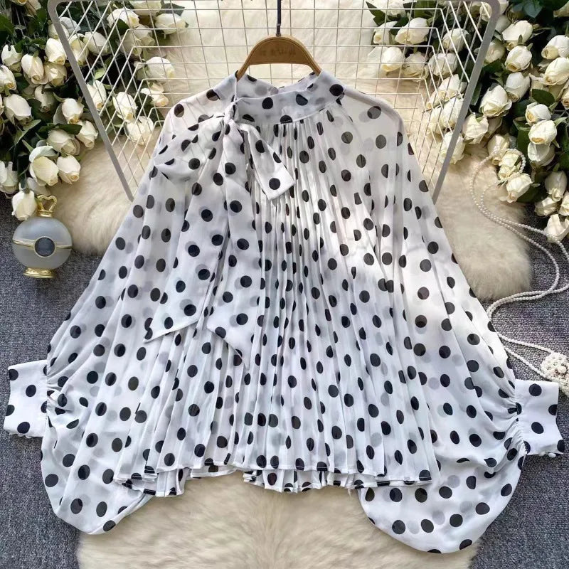 Elegant Fashion All-match White Wave Point Blouses Long Sleeve Oversize