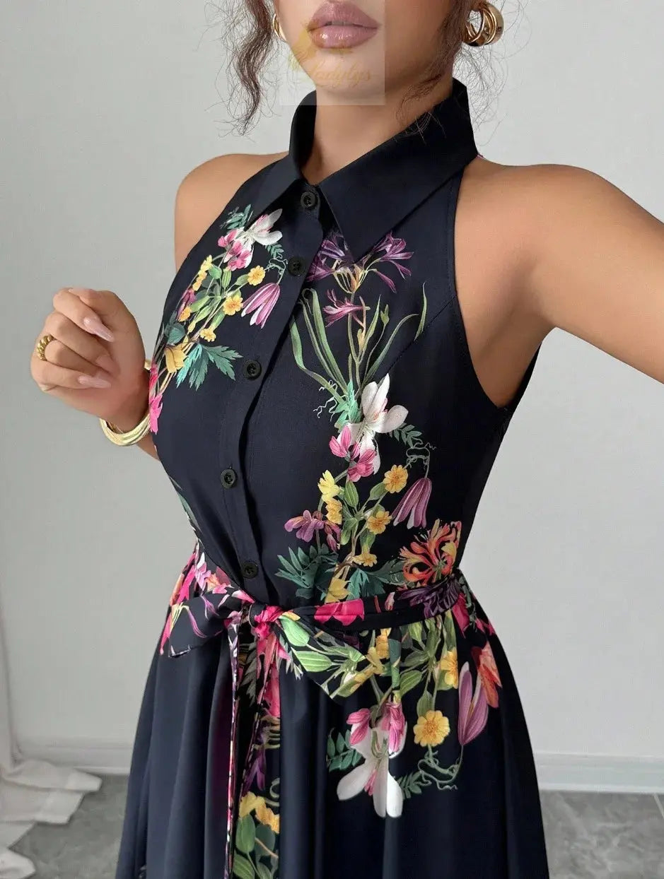 Printed Waist Halterneck Tie Dress Elegant LADYLYS