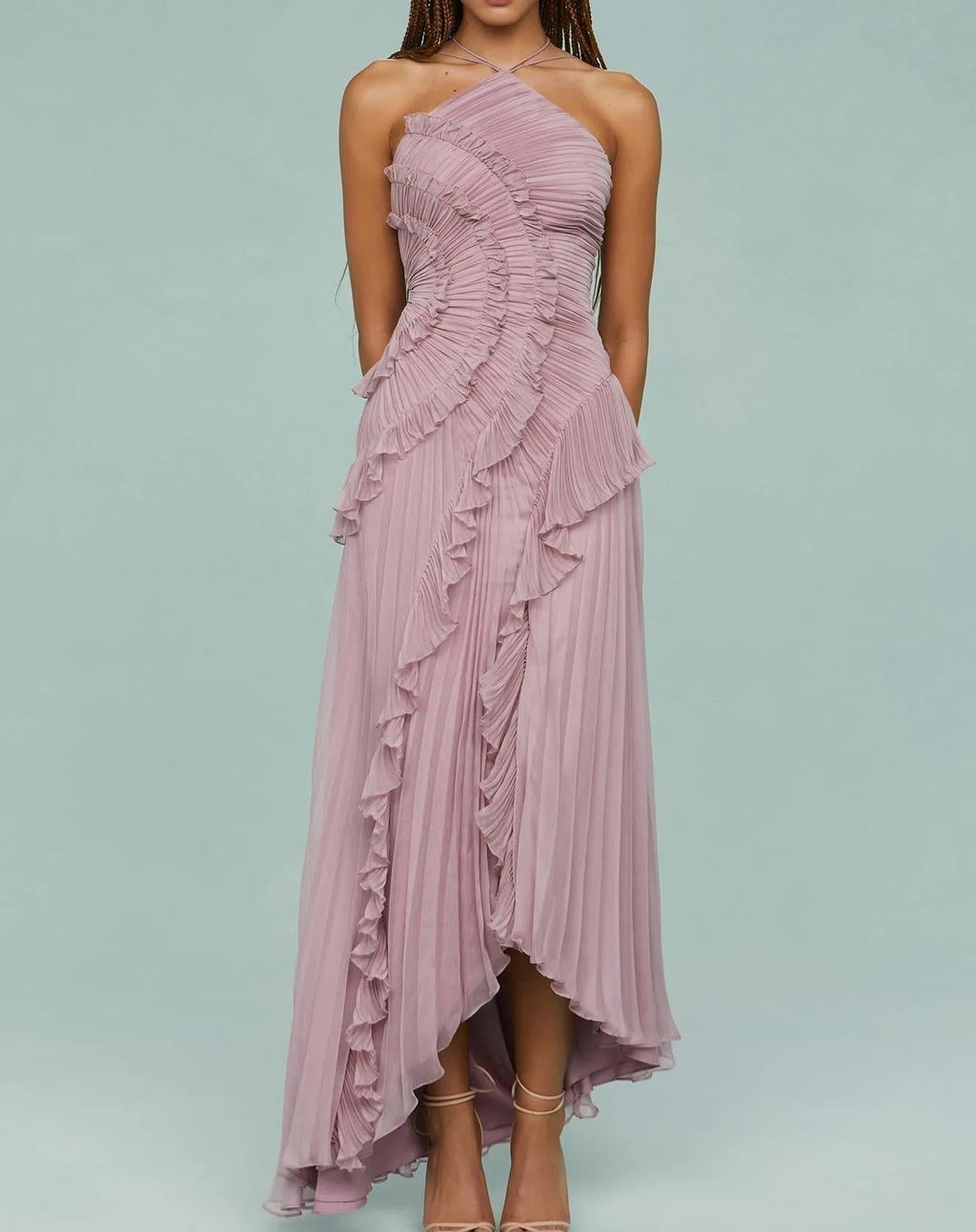 Elegant Ruffle Pleated Long Dress Fashion Sleeveless Halter Irregular Tiered Pleated Flowy LADYLYS