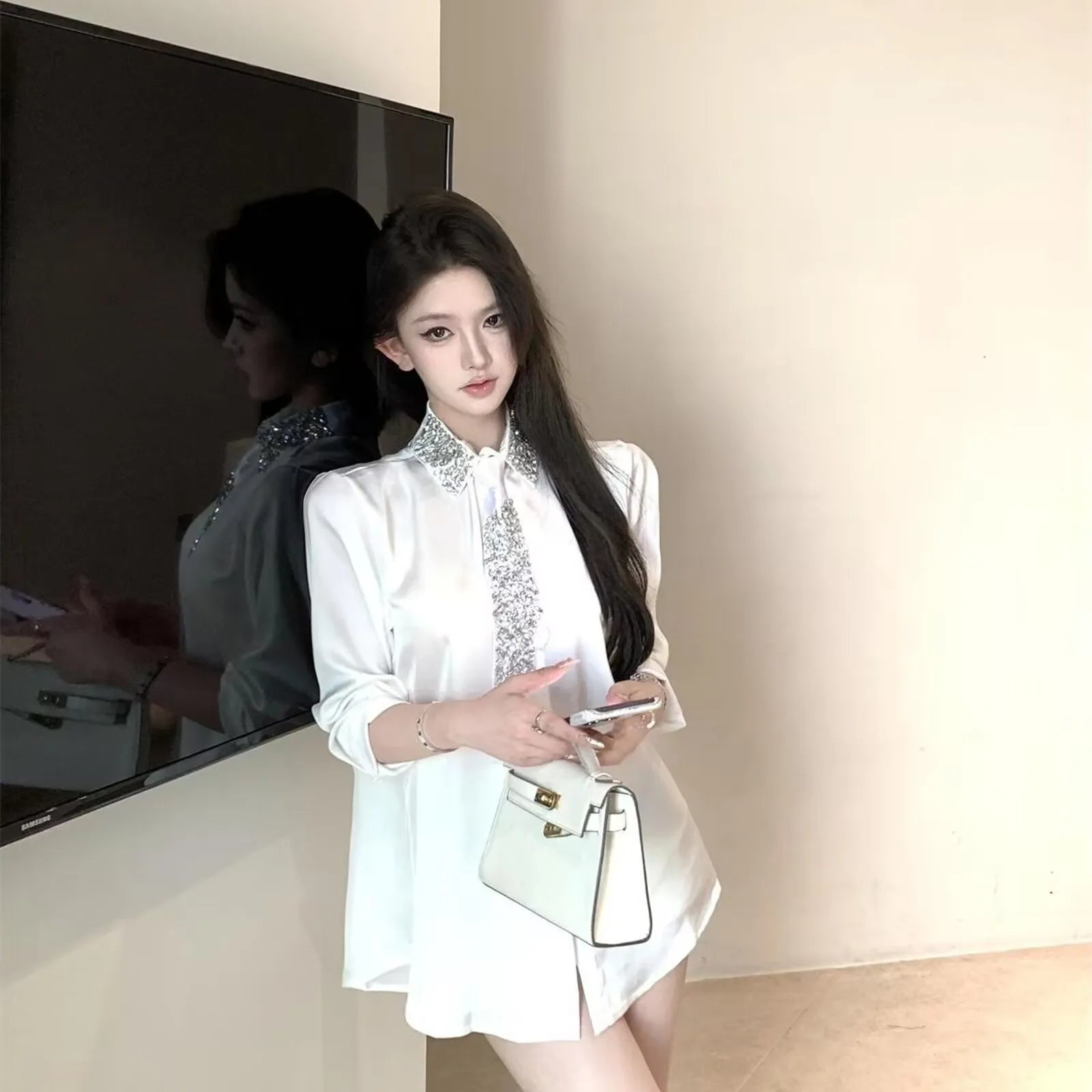 Shirt New Crystal Beading With Necktie Chiffon Blouses LADYLYS