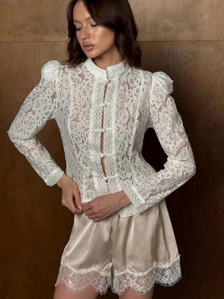 Summer Lace Printed Shirts Tops Female Hollow Out Fashion Commute Vintage