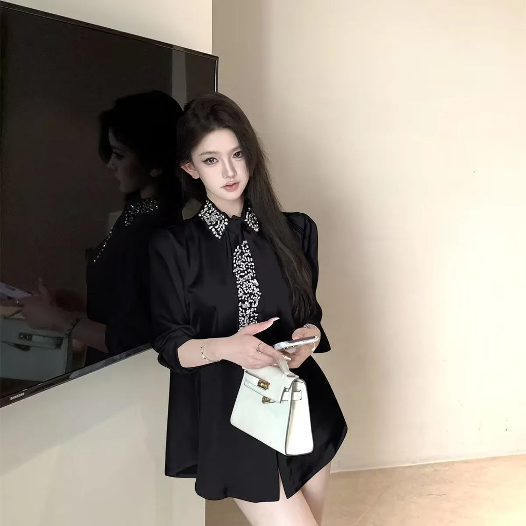 Shirt New Crystal Beading With Necktie Chiffon Blouses LADYLYS