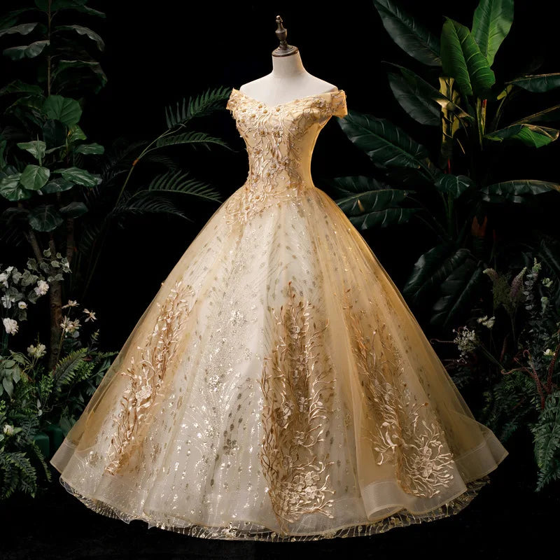 Elegant Gold Quinceanera Dress Off Shoulder Lace Embroidery LADYLYS