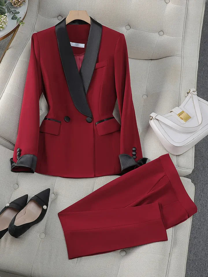 Prisca costume élégant rouge et noir pour femme, tenue de bureau, ensemble 2 pièces