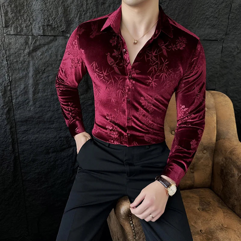 Chemise en velours de luxe pour hommes, Printemps Slim