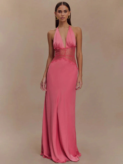 Backless Sexy Maxi Dress Gown Patchwork Lace Halter Deep V Neck LADYLYS