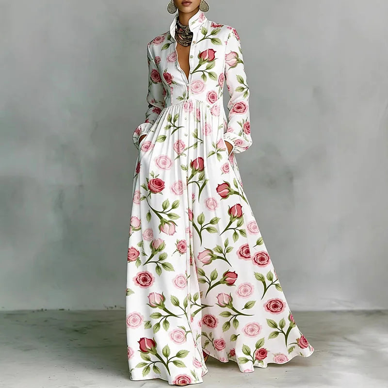Printed Shirt Dress Maxi - Pleated Long Dress