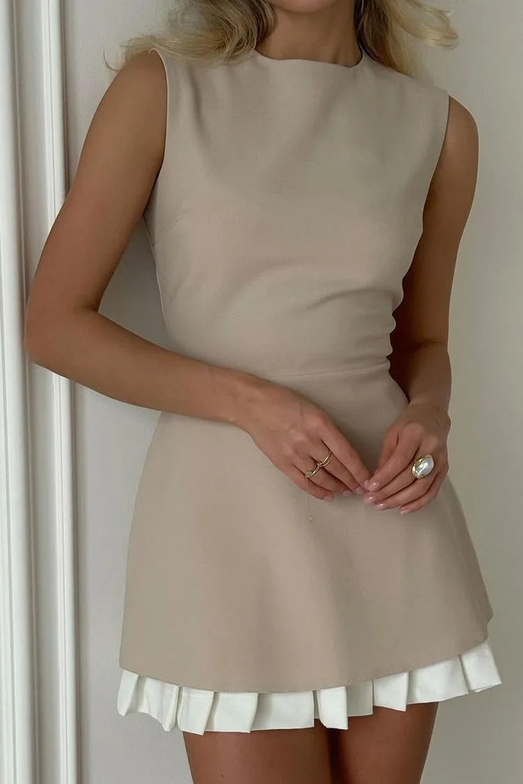 Elegant Patchwork Pleated Mini Dress For Women Summer Sleeveless