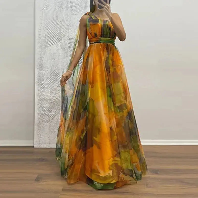 Sexy Slanted Neck Bow Tie Up Slim Long Dress Elegant Mesh Waist Banquet Dress LADYLYS