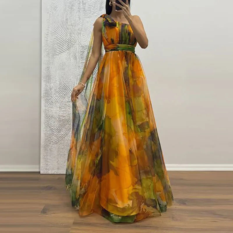 Sexy Slanted Neck Bow Tie Up Slim Long Dress Elegant Mesh Waist Banquet Dress LADYLYS