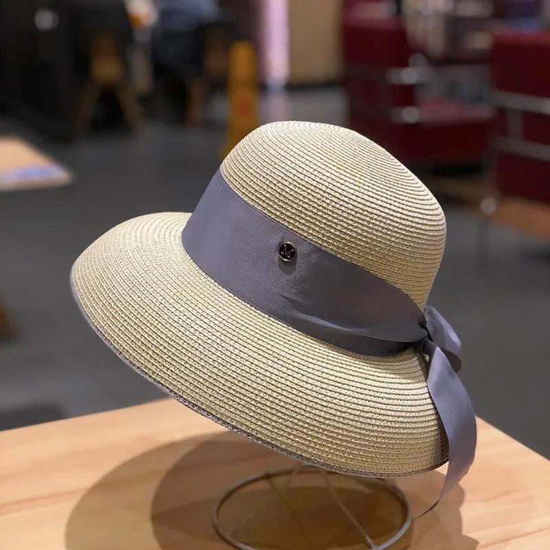 French Retro Straw Sun Hat with Bow Detail - Hepburn Style Elegant Wide Brim LADYLYS