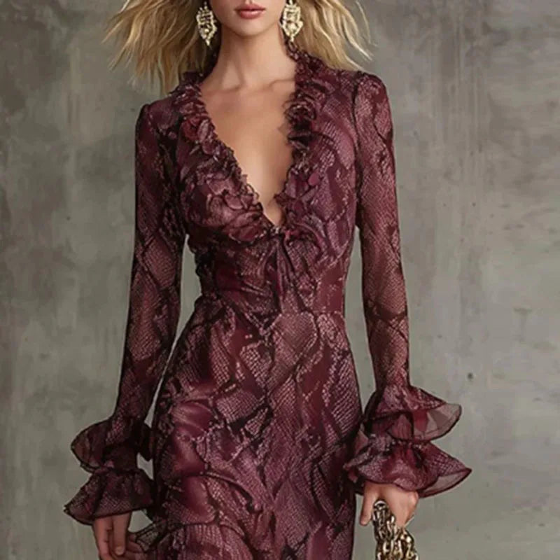 Retro Snake Print Evening Party Dresses Woman Elegant Spring Deep V Neck Ruffles Long LADYLYS