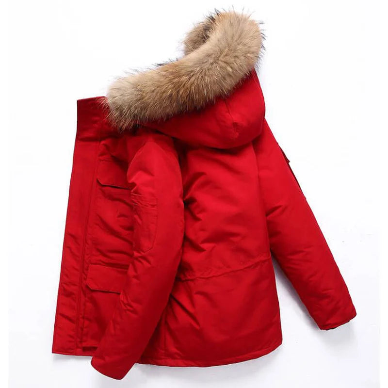 Veste d'hiver en duvet de canard blanc avec col en fourrure pour homme, à capuche, épaisse, multi-poches garde au chaud, parka à -30 degrés