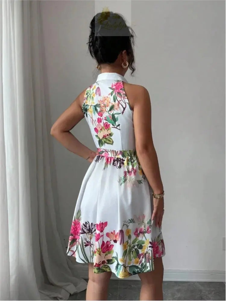 Printed Waist Halterneck Tie Dress Elegant LADYLYS