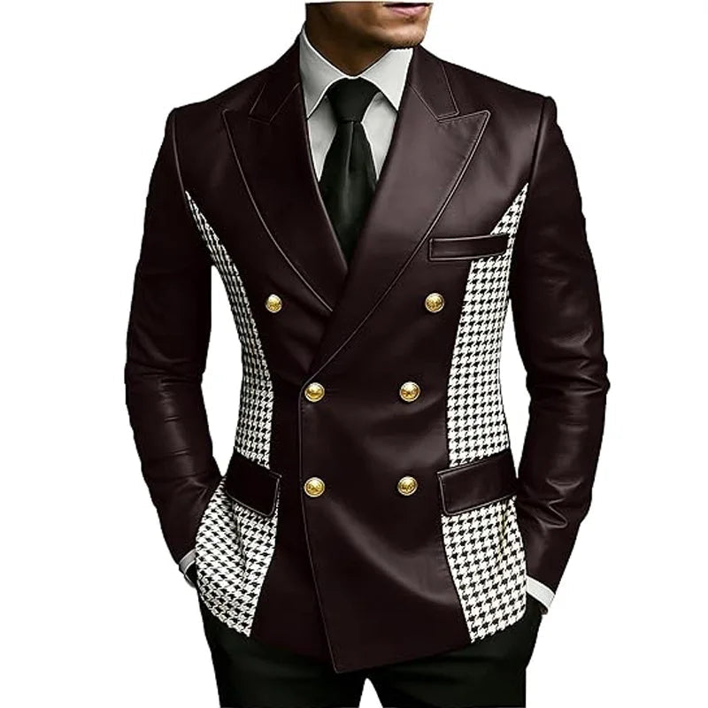 Leather Blazer With Houndstooth Sides Vintage Two-Tone Double Breasted LADYLYS
