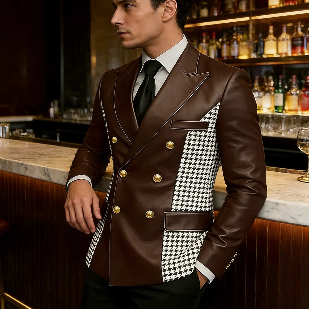 Leather Blazer With Houndstooth Sides Vintage Two-Tone Double Breasted LADYLYS