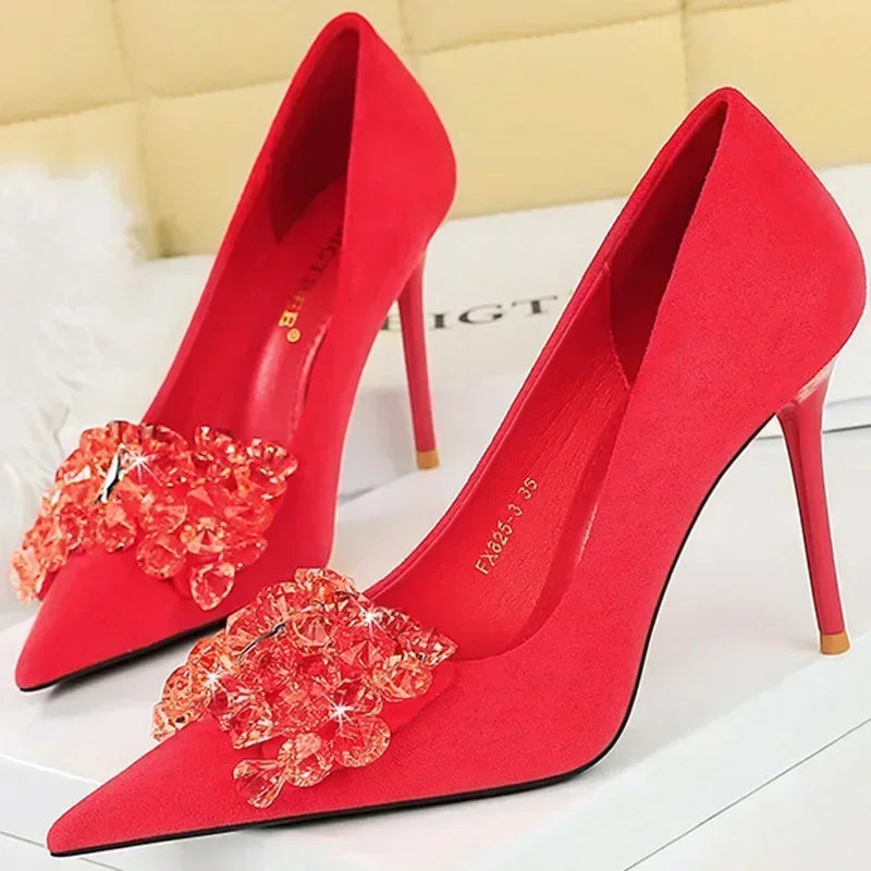 Escarpins de luxe à talons hauts de 9 cm pour femmes, bout pointu, strass, nœuds papillon, rouge, bleu, vert, élégantes