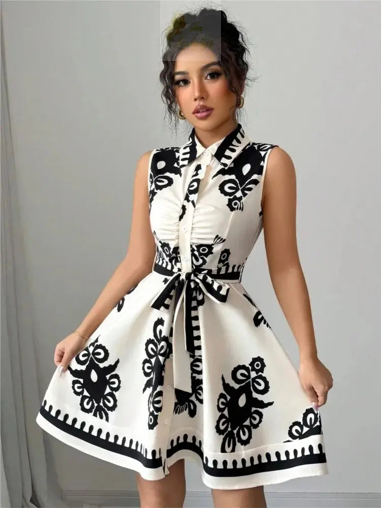 Printed Waist Halterneck Tie Dress Elegant LADYLYS