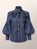 Trendy Imitation Denim Blouse Tops for Women Long Puff Sleeves Bow-Embellished