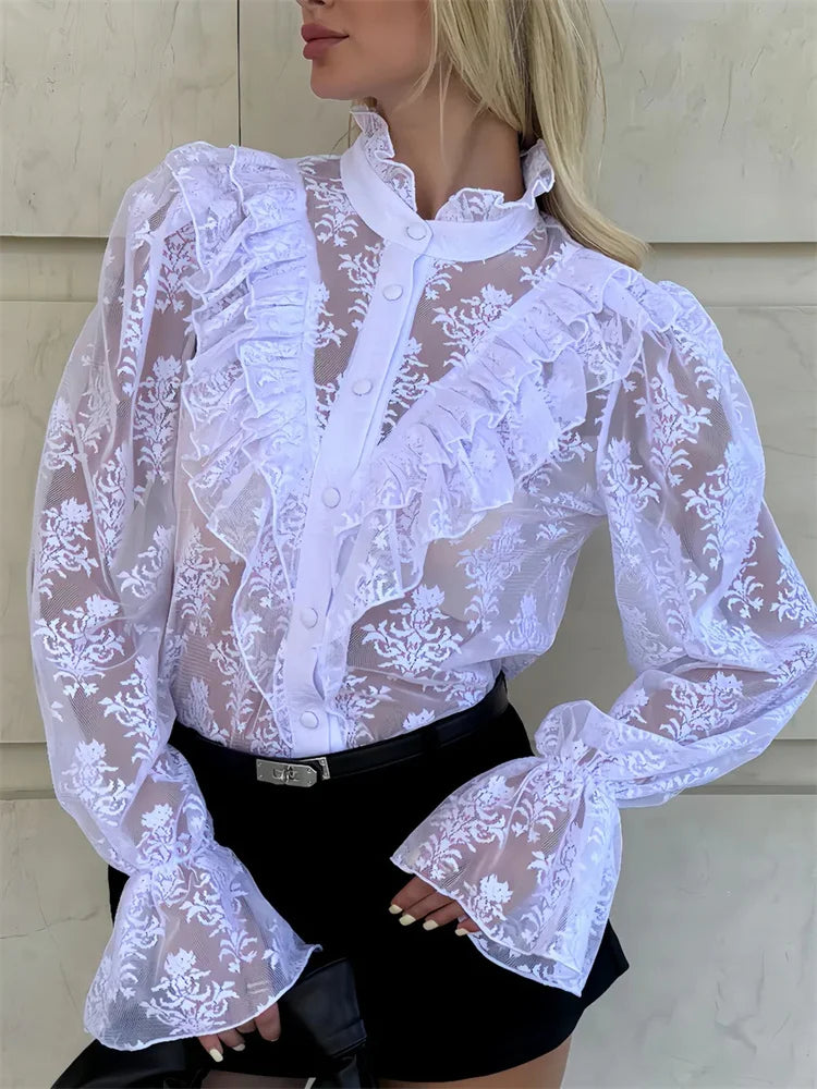 Lace Ruffled Printed Shirts Female See-Through Patchwork Lace-Up Long Sleeve